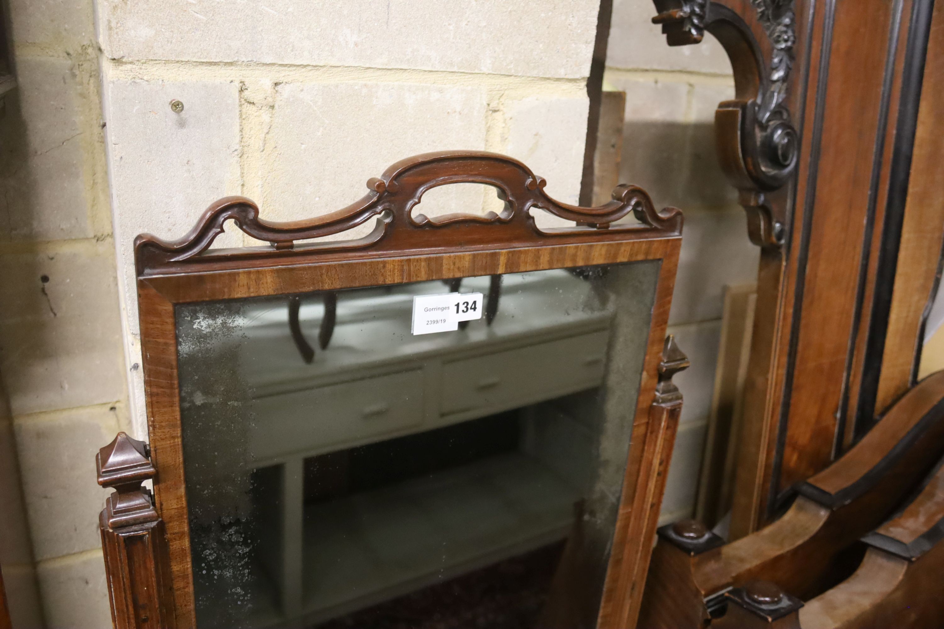 A Victorian mahogany adjustable cheval mirror, with rising plate, width 56cm